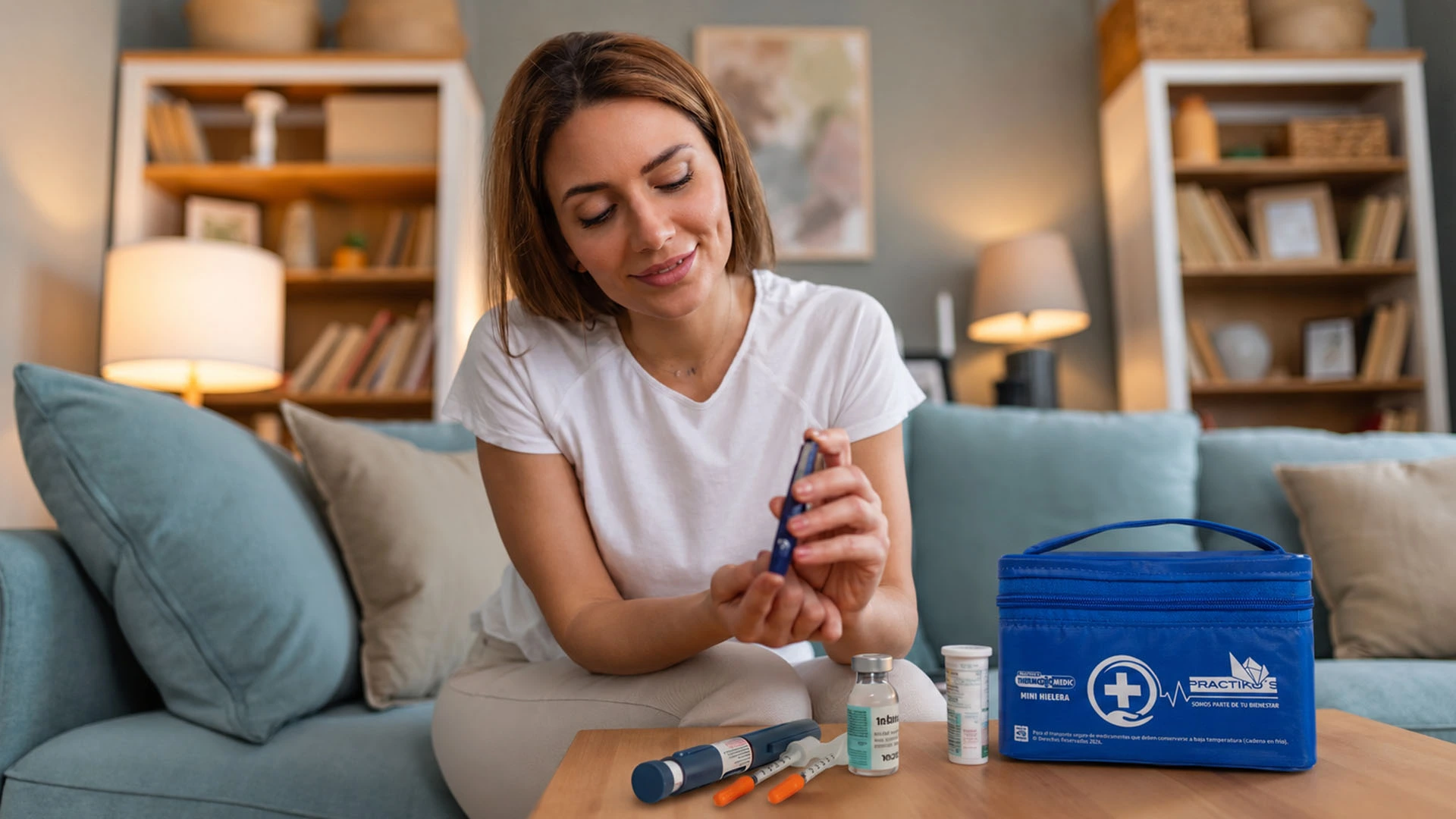 Persona con diabetes en casa junto a una mini hielera médica Thermo Medic Practiko's