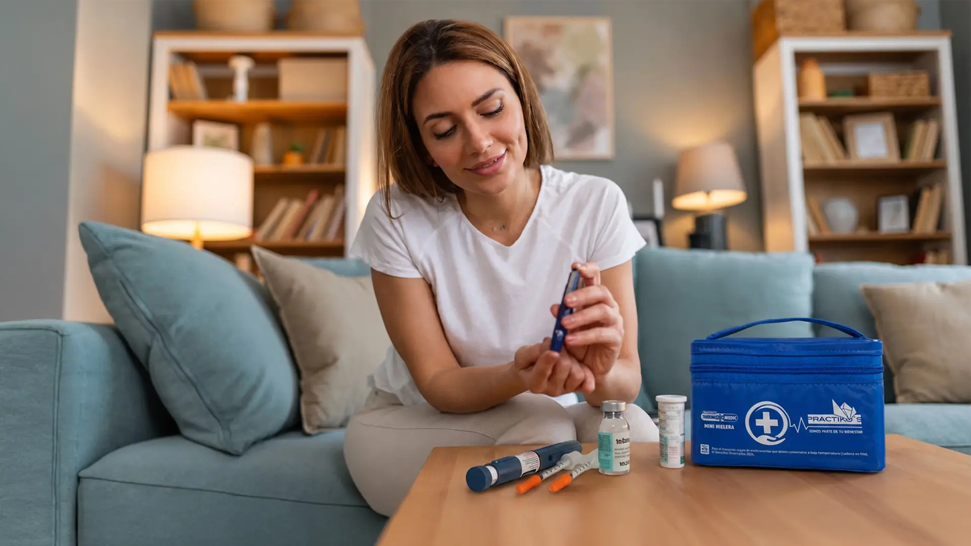 Persona con diabetes en casa junto a una mini hielera médica Thermo Medic Practiko's