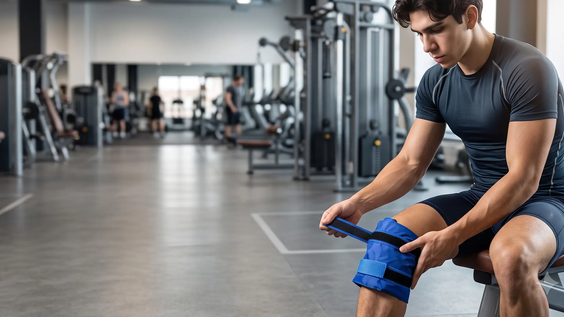 Deportista aplicando una compresa fría Practiko's en la rodilla en el gimnasio