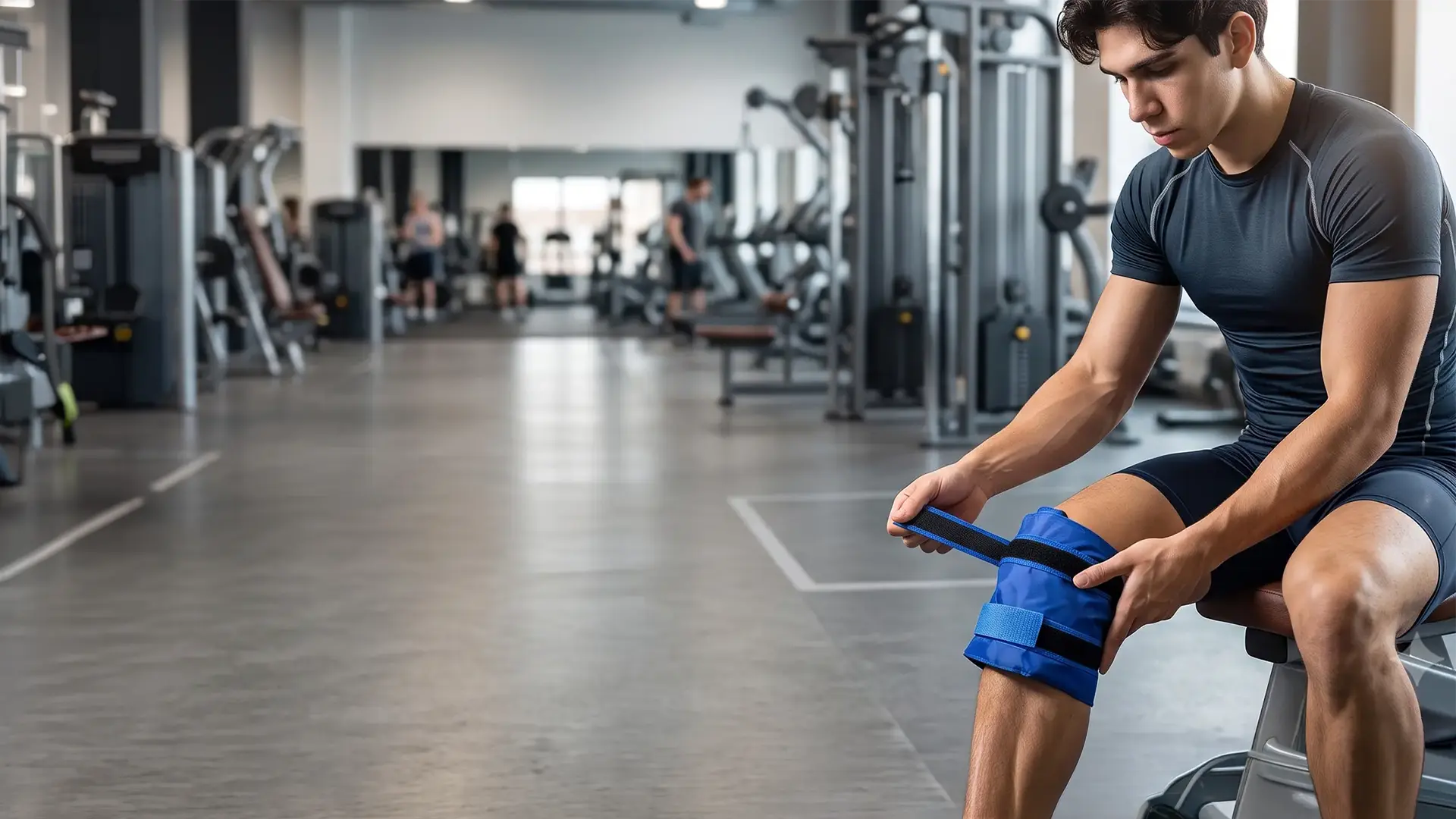 Deportista aplicando una compresa fría Practiko's en la rodilla en el gimnasio