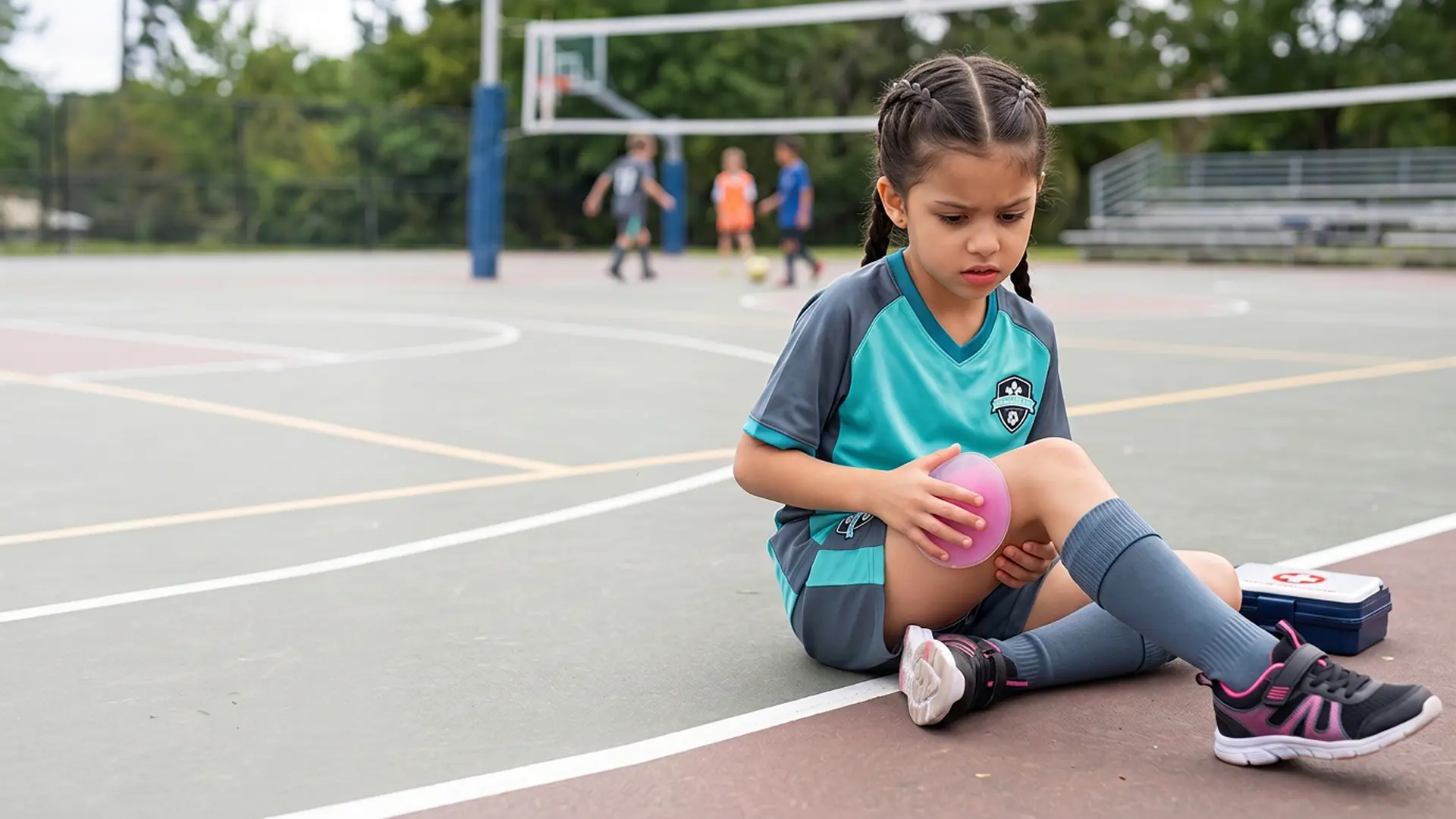 Niña sentada en una cancha aplicándose una compresa fría Practiko's Kids en la rodilla